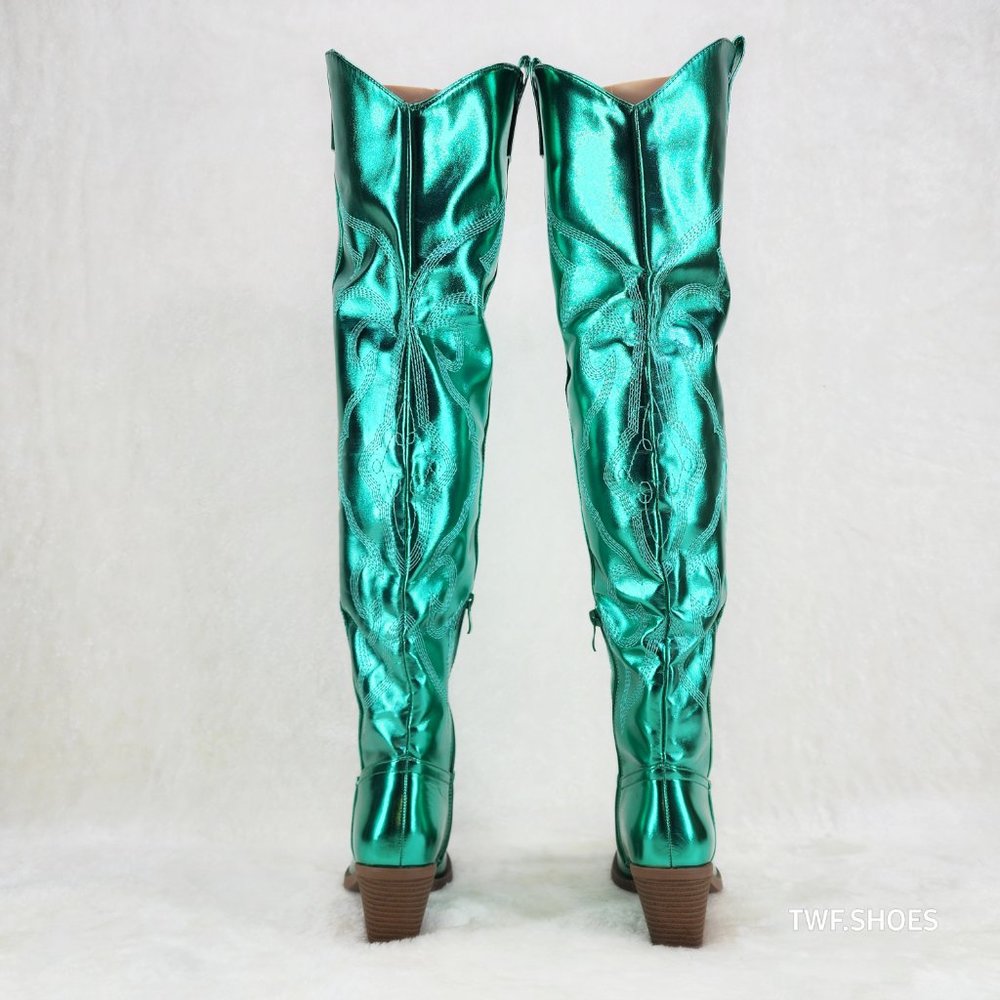 Country Disco Cowboy Metallic Green Western Cowgirl OTK Thigh Boots New - Picture 10 of 15